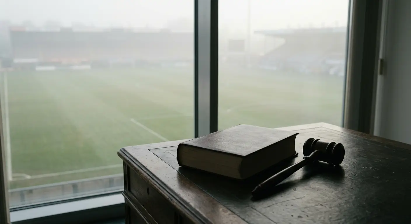 Código legal y mazo junto a una ventana con vistas a un campo de fútbol vacío