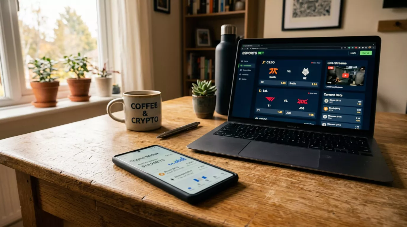 Símbolos de criptomonedas junto a iconos de esports y apuestas con advertencia regulatoria