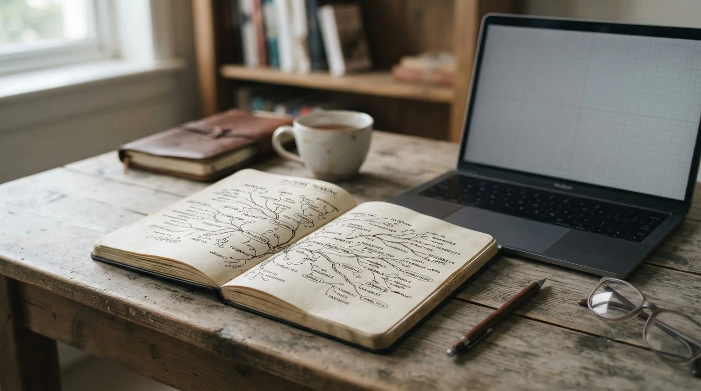 Cuaderno con un diagrama de combinaciones ramificadas junto a un portátil