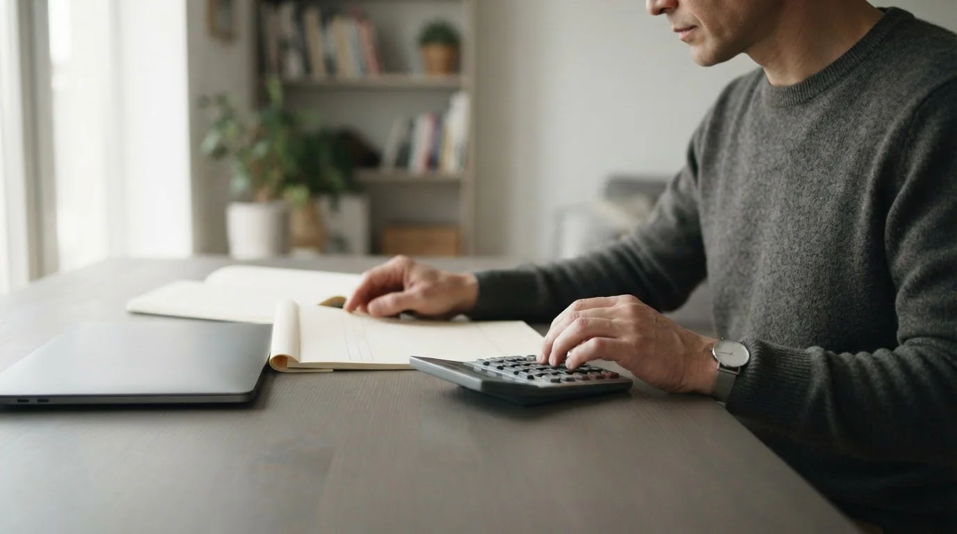 Manos con calculadora junto a un formulario en blanco y un portátil