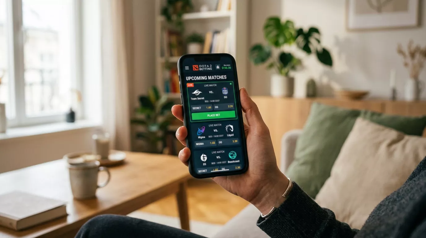 Interfaz móvil de apuestas en vivo de Dota 2 con cuotas y mercados en pantalla de smartphone
