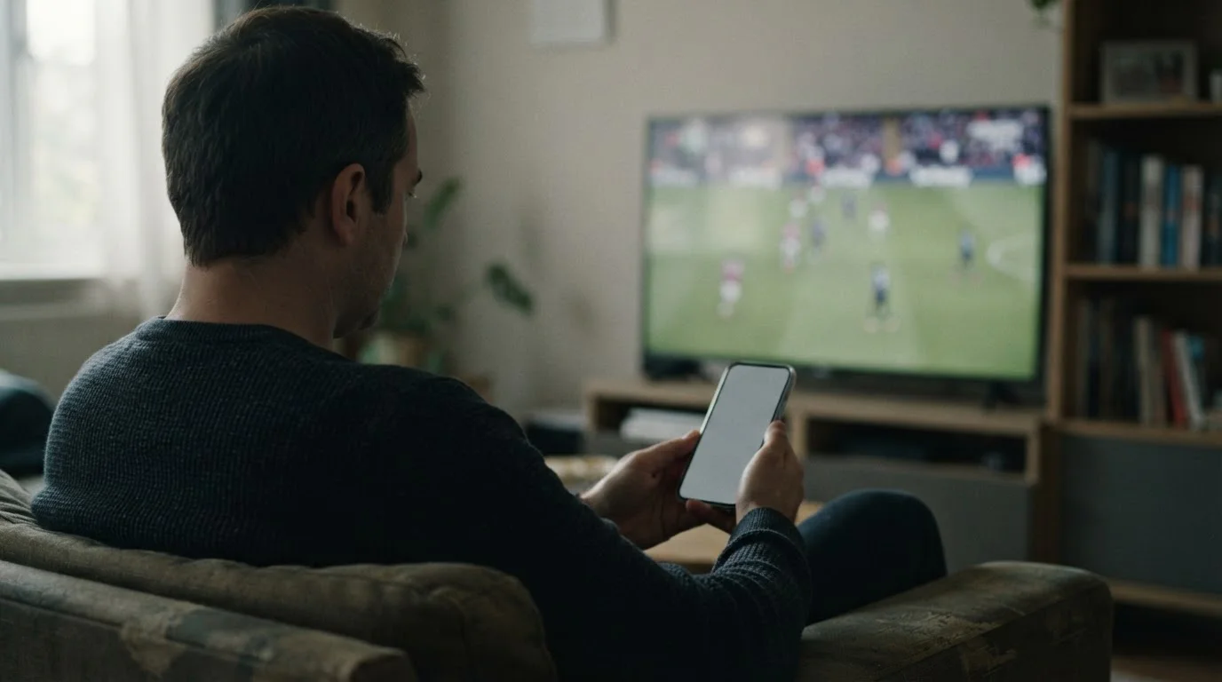 Persona de espaldas con un móvil frente a un partido de fútbol en televisión