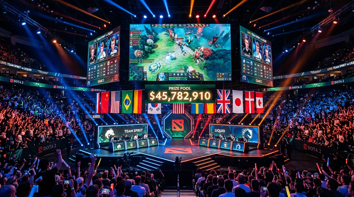 Logo del Esports World Cup con datos de prize pool y mercados de apuestas de Dota 2