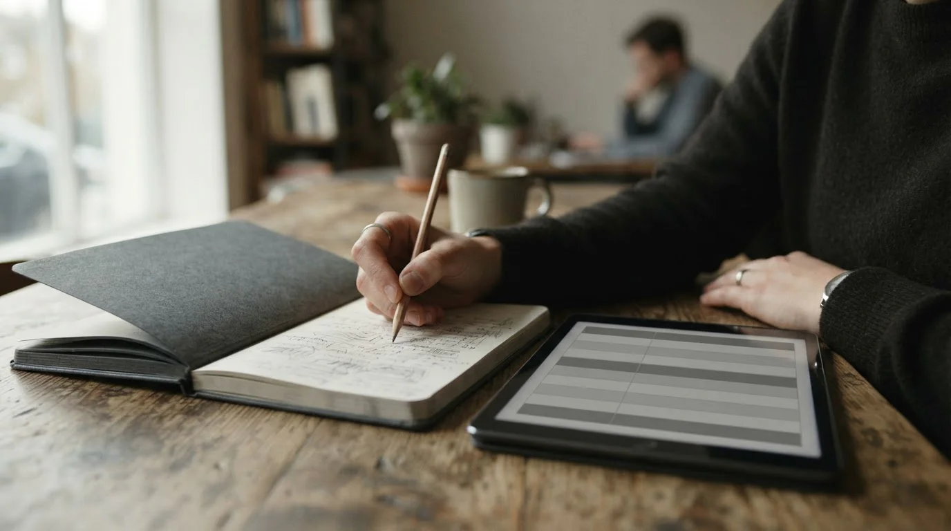 Manos tomando notas a lápiz junto a una tableta con una tabla gris