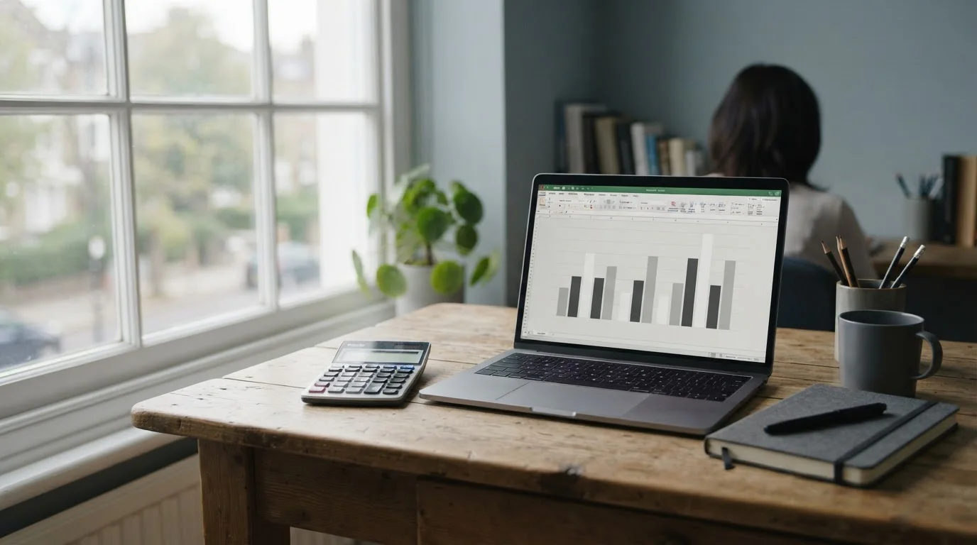 Escritorio con portátil, calculadora y gráfico de barras neutro