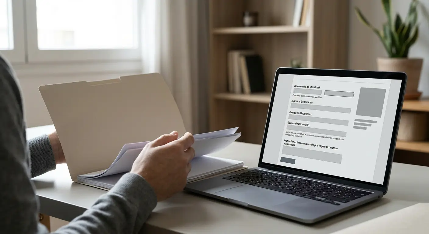 Manos que revisan documentos junto a un portátil con un formulario en pantalla