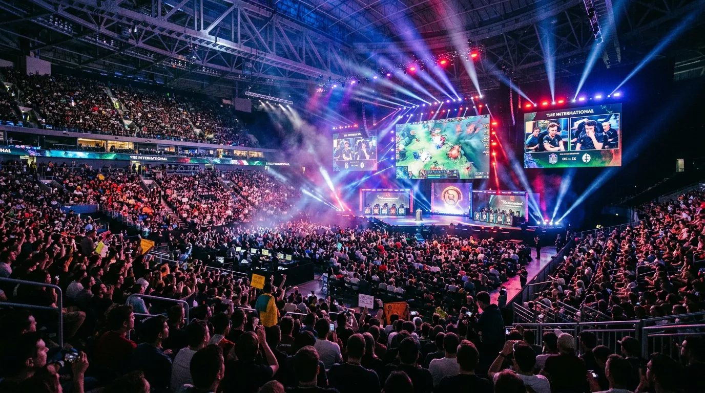 Escenario de The International de Dota 2 con estadísticas de audiencia y mercados de apuestas