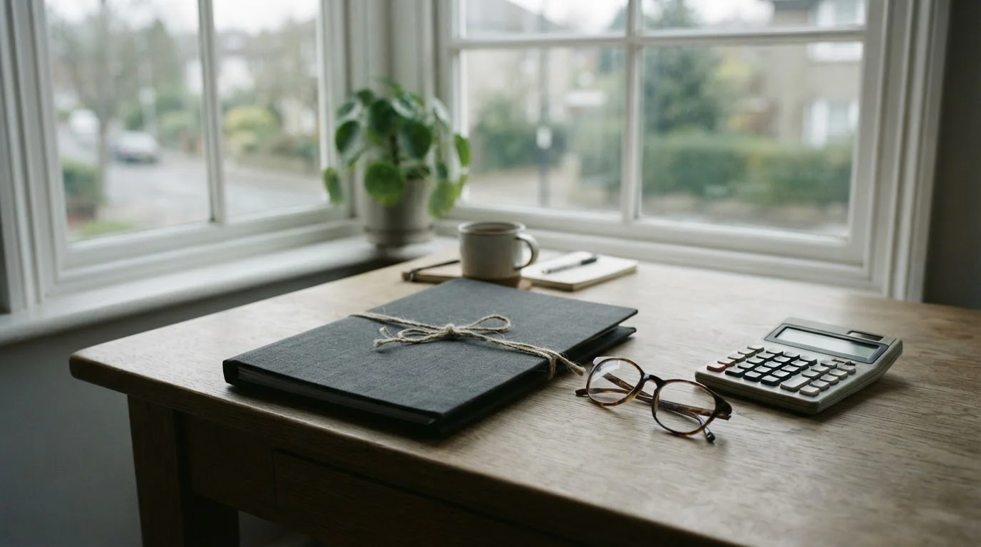 Carpeta de documentos, gafas y calculadora sobre un escritorio