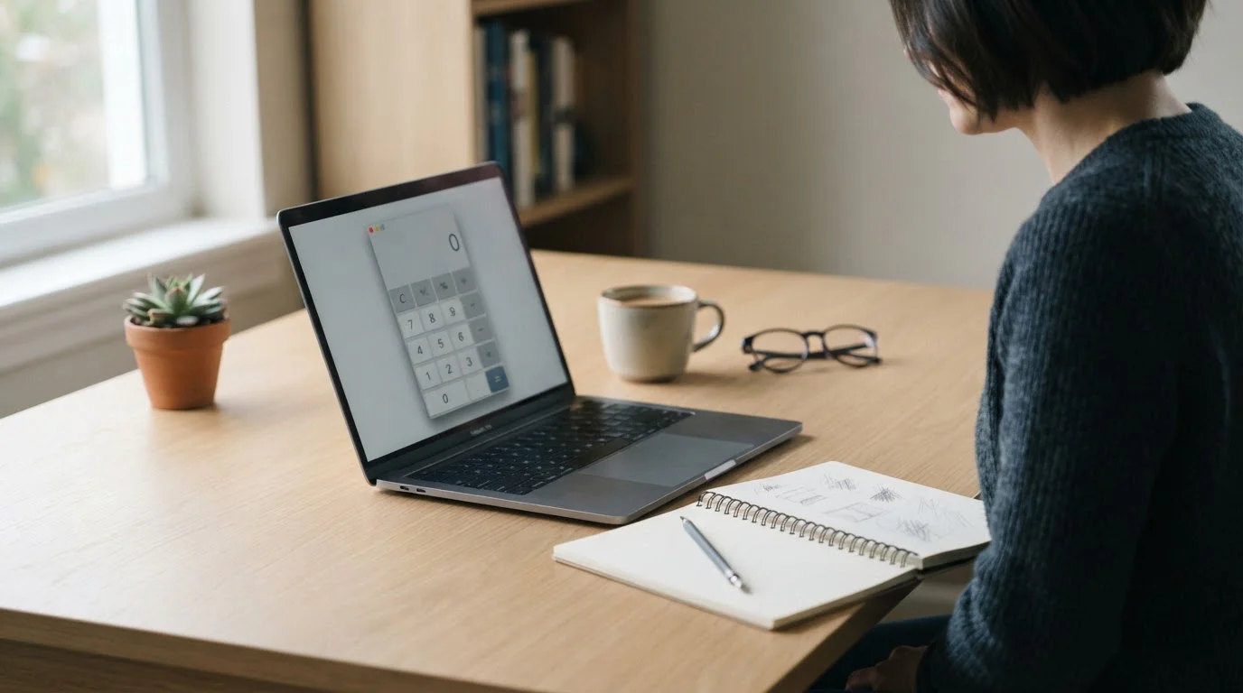 Portátil con una calculadora de apuestas neutra junto a un cuaderno sobre un escritorio
