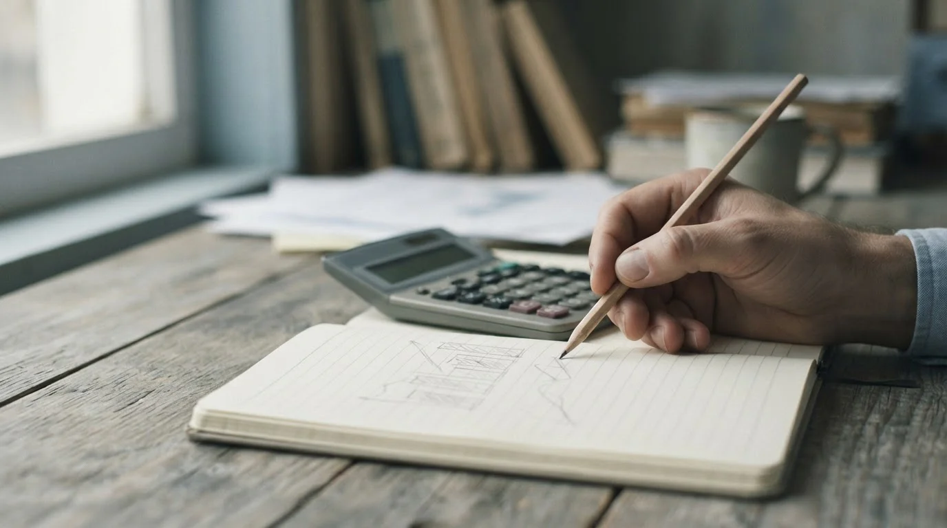 Mano con un lápiz sobre una calculadora y un cuaderno con esbozos de columnas
