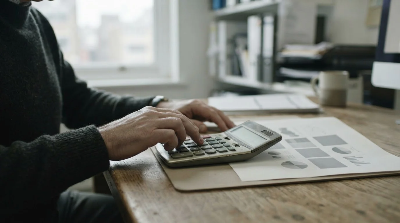 Manos con una calculadora junto a una hoja con las condiciones de un bono