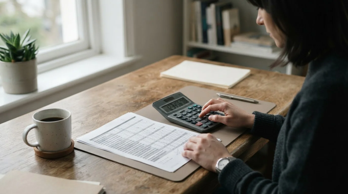 Manos con una calculadora junto a una hoja de cálculo impresa