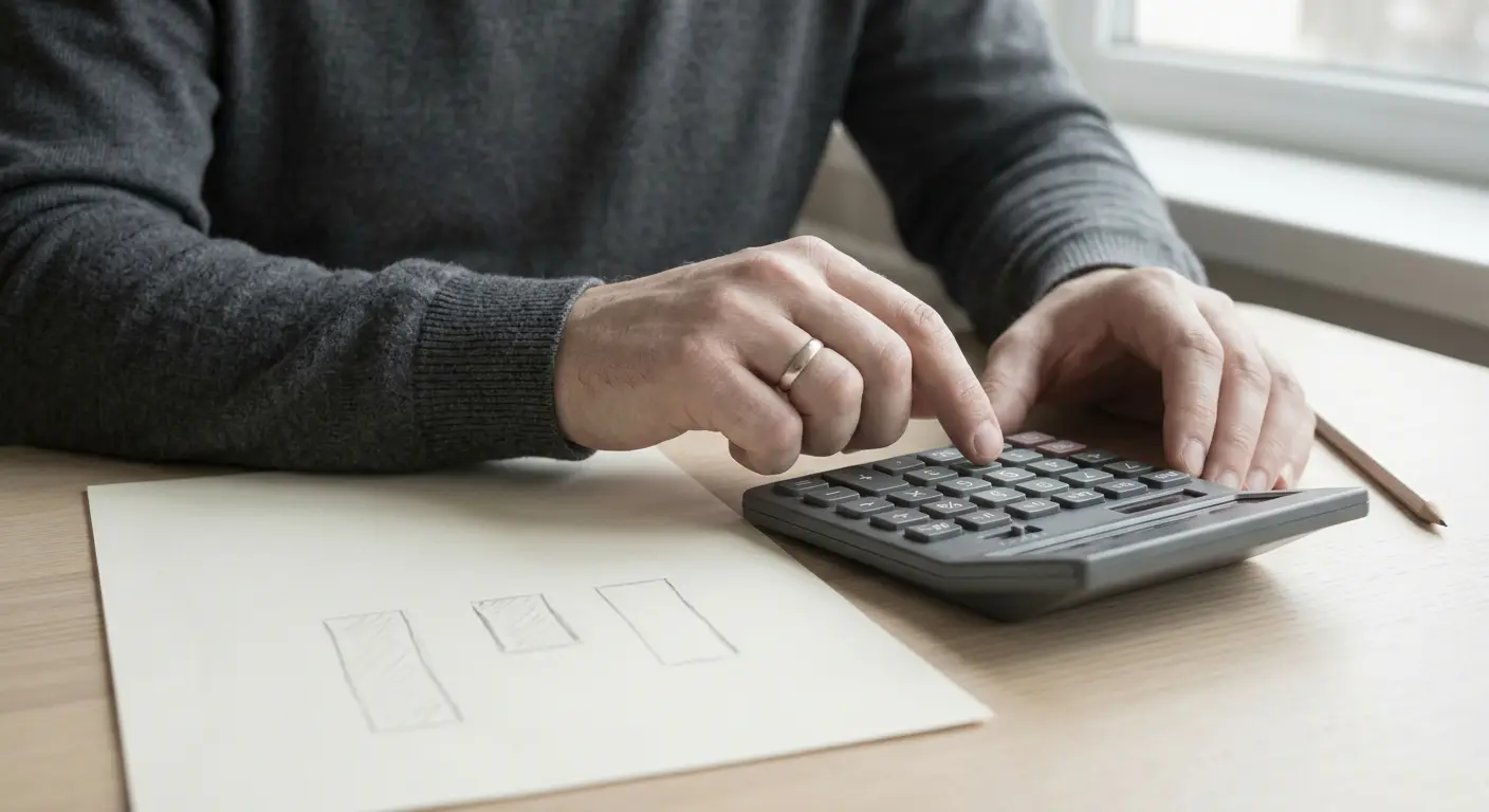 Manos con calculadora junto a un gráfico de barras decrecientes