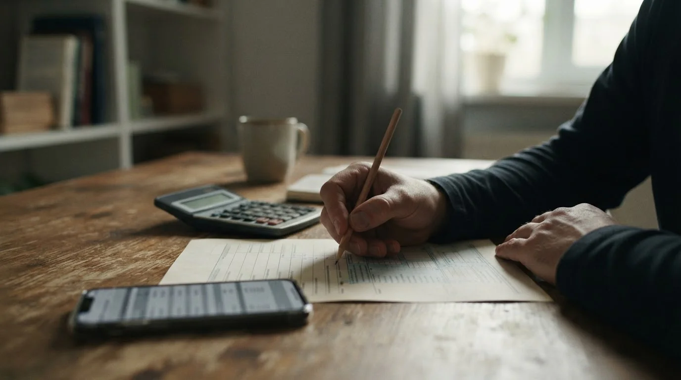 Cálculo de impuestos junto a un móvil y una calculadora