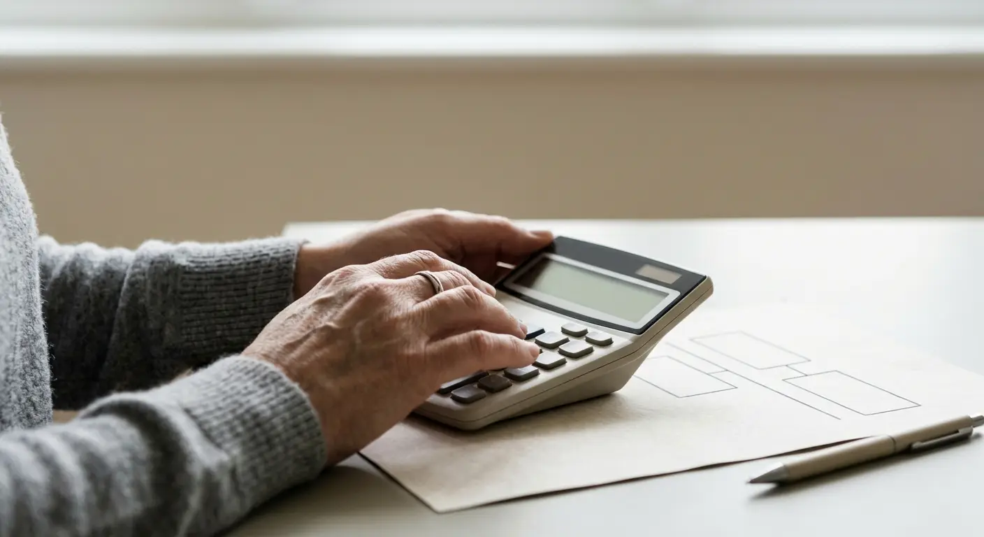 Manos con una calculadora junto a una hoja con tres casillas enlazadas