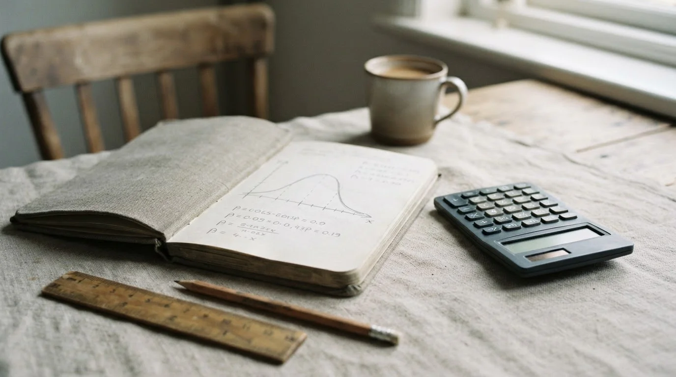 Calculadora y cuaderno con una curva de probabilidad dibujada a lápiz
