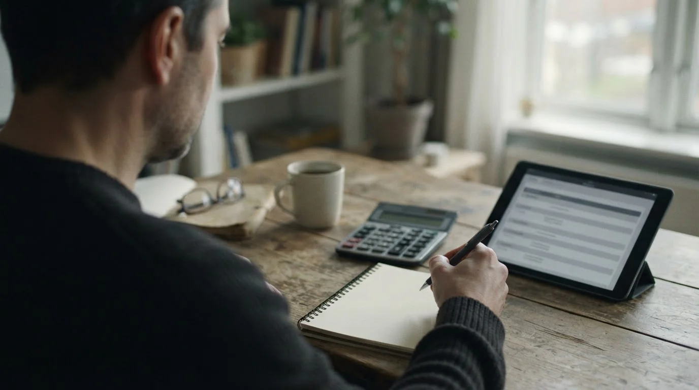 Manos con bolígrafo y calculadora junto a una tableta con datos abstractos