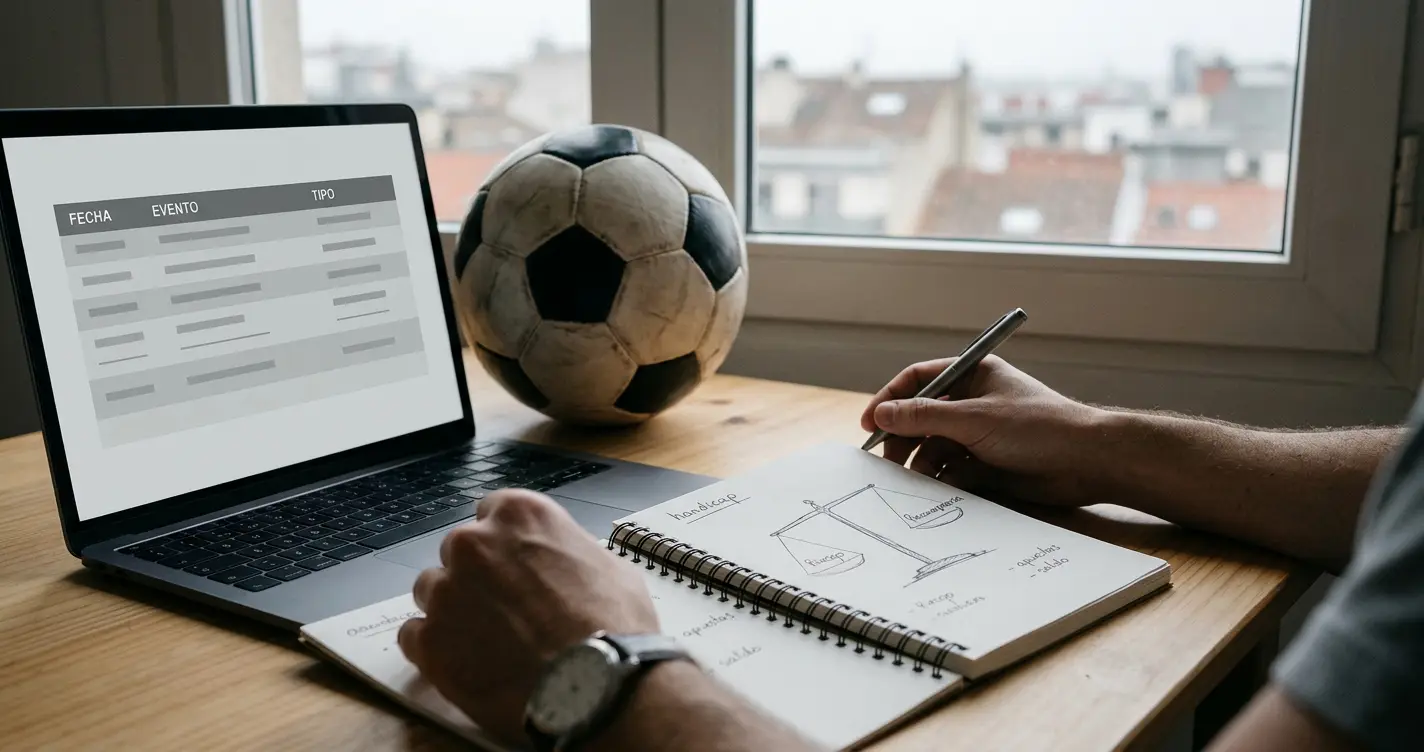 Escritorio con cuaderno, portátil y balón de fútbol para analizar apuestas con hándicap