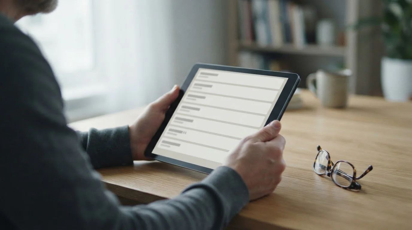 Manos con una tablet que muestra las condiciones de varias casas con licencia