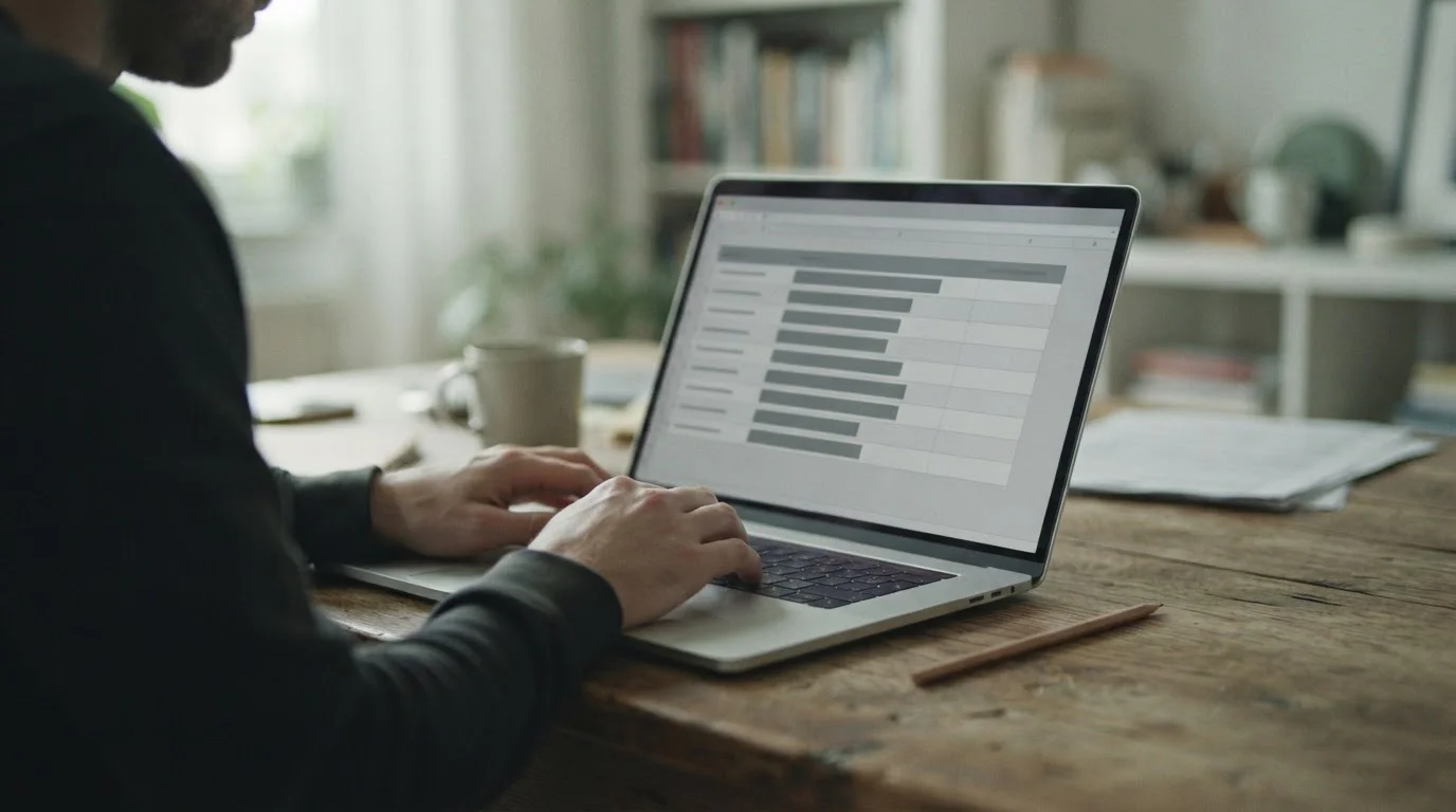 Tabla comparativa sin marcas con nueve filas de distinta longitud en la pantalla de un portátil
