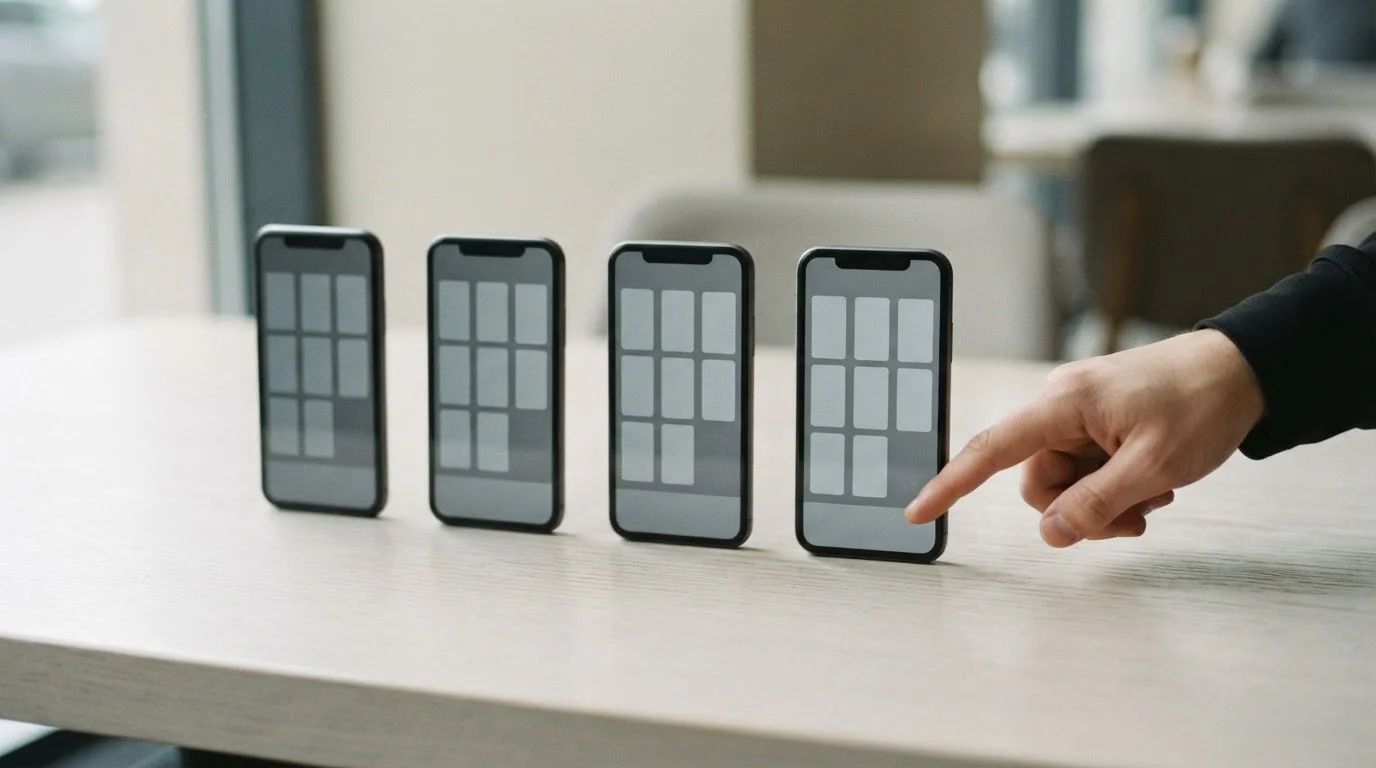 Cinco móviles con interfaces neutras sobre una mesa clara