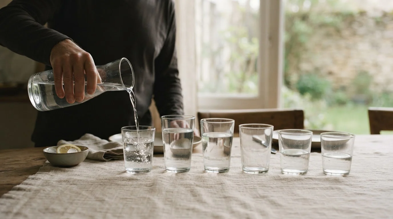 Jarra que vierte agua en una fila de vasos, cada uno con menos líquido