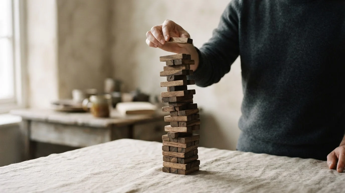 Mano colocando un bloque más sobre una torre de madera inestable