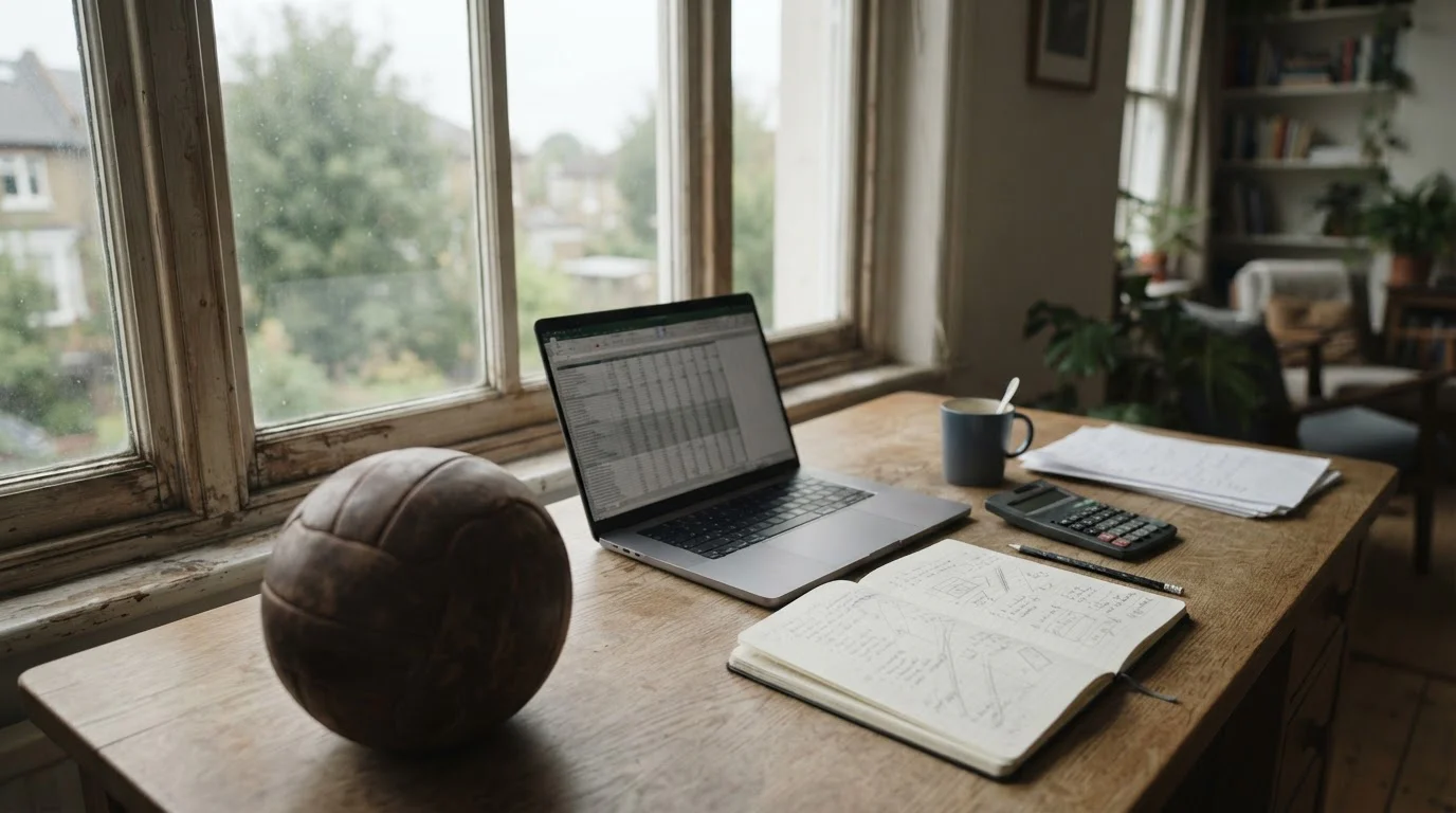 Escritorio con portátil, calculadora y cuaderno para calcular el coste real de una apuesta deportiva
