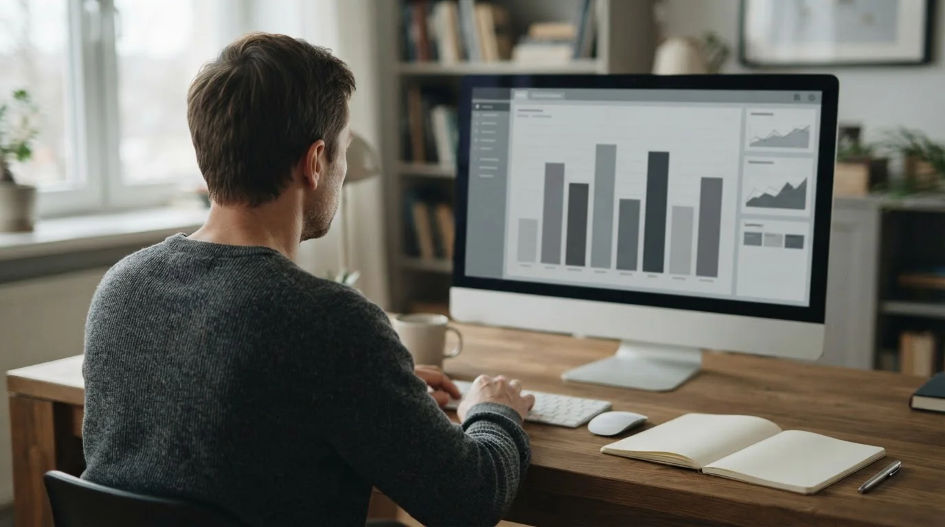 Persona de espaldas comparando columnas en un monitor