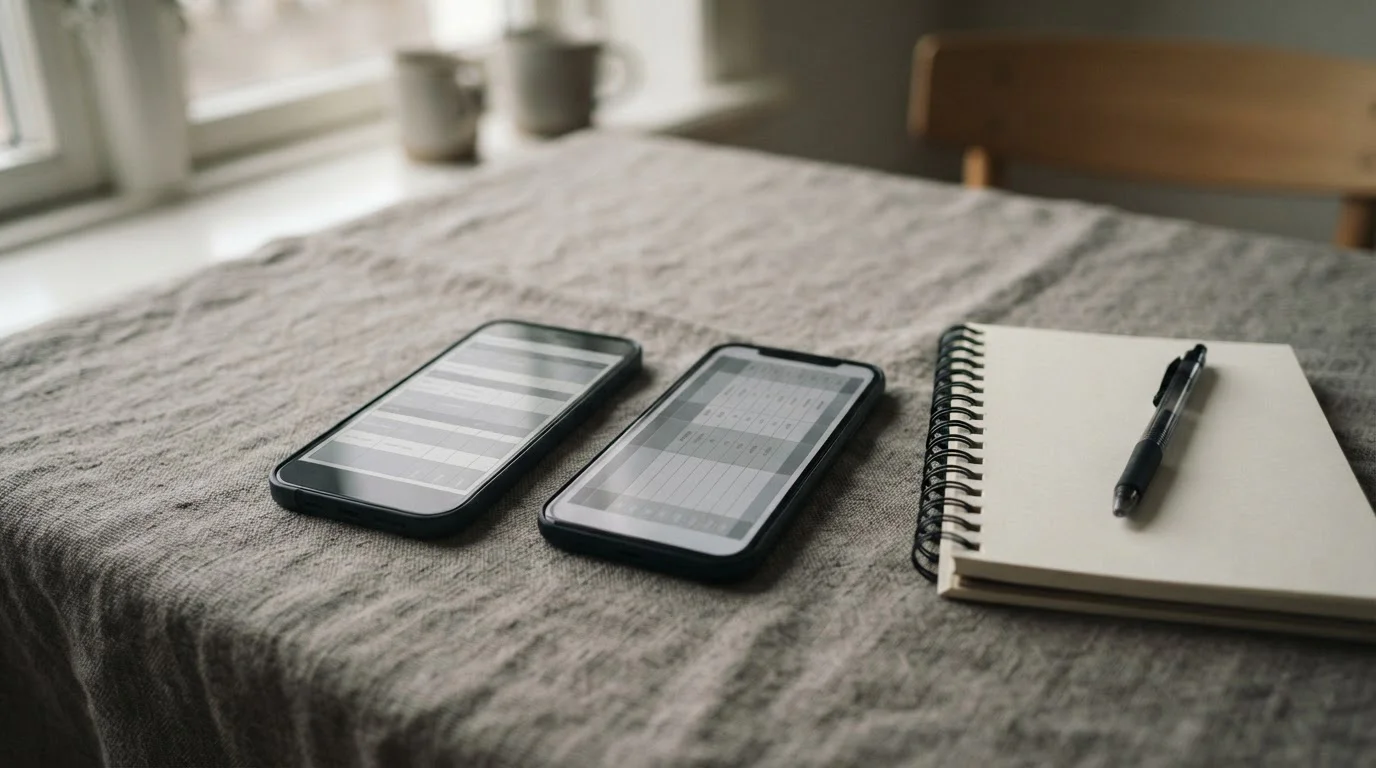 Dos móviles con tablas comparativas sobre una mesa
