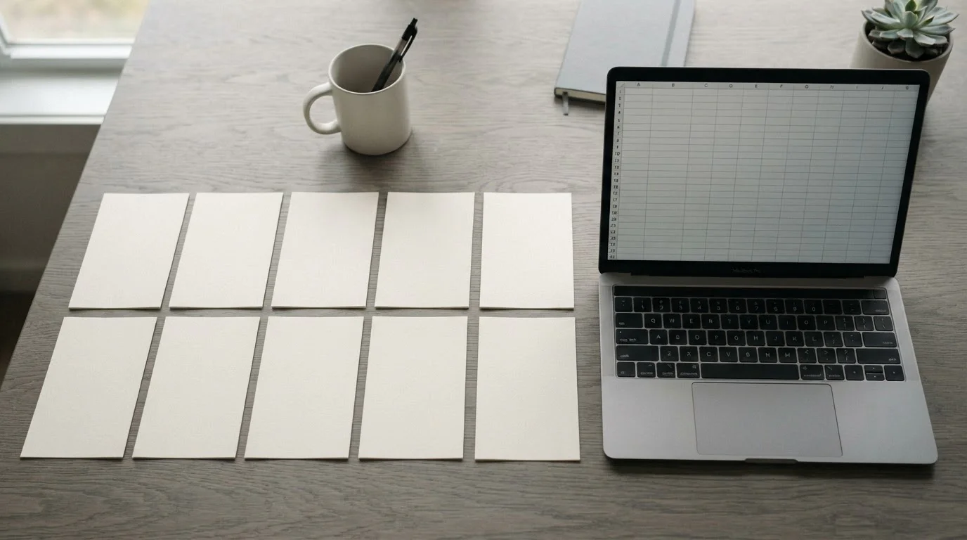 Seis hojas en blanco alineadas junto a un portátil con una tabla comparativa