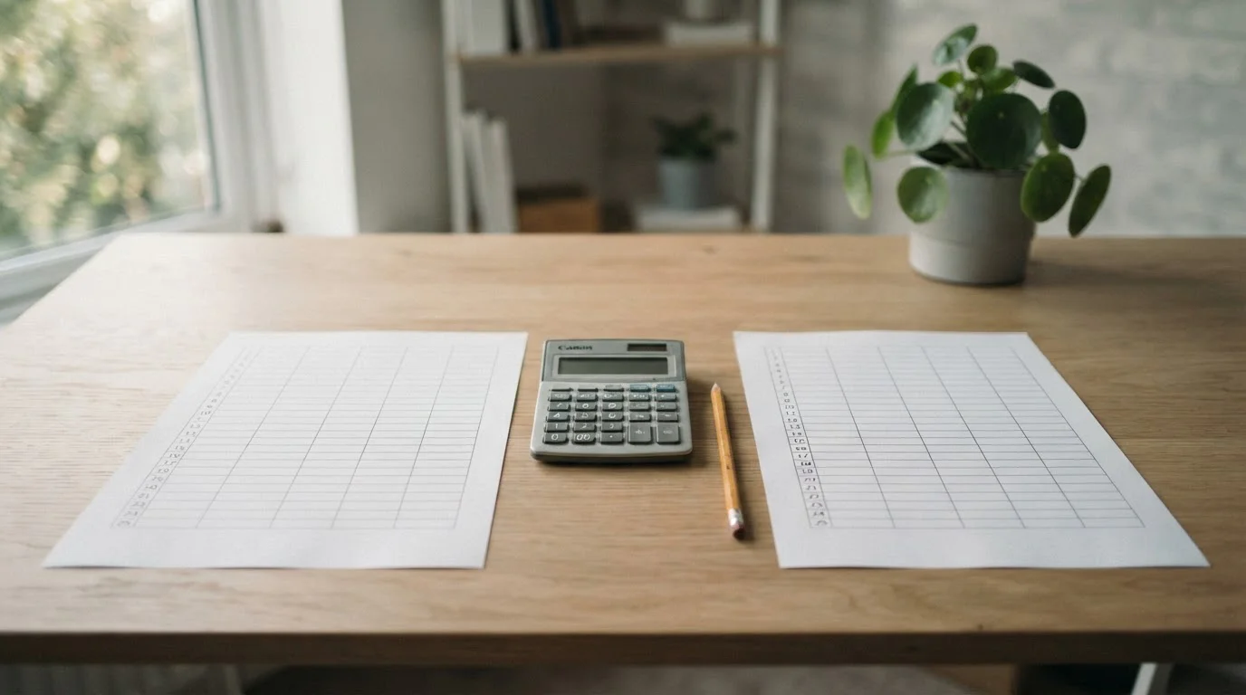 Dos tablas comparativas en papel con una calculadora entre ellas