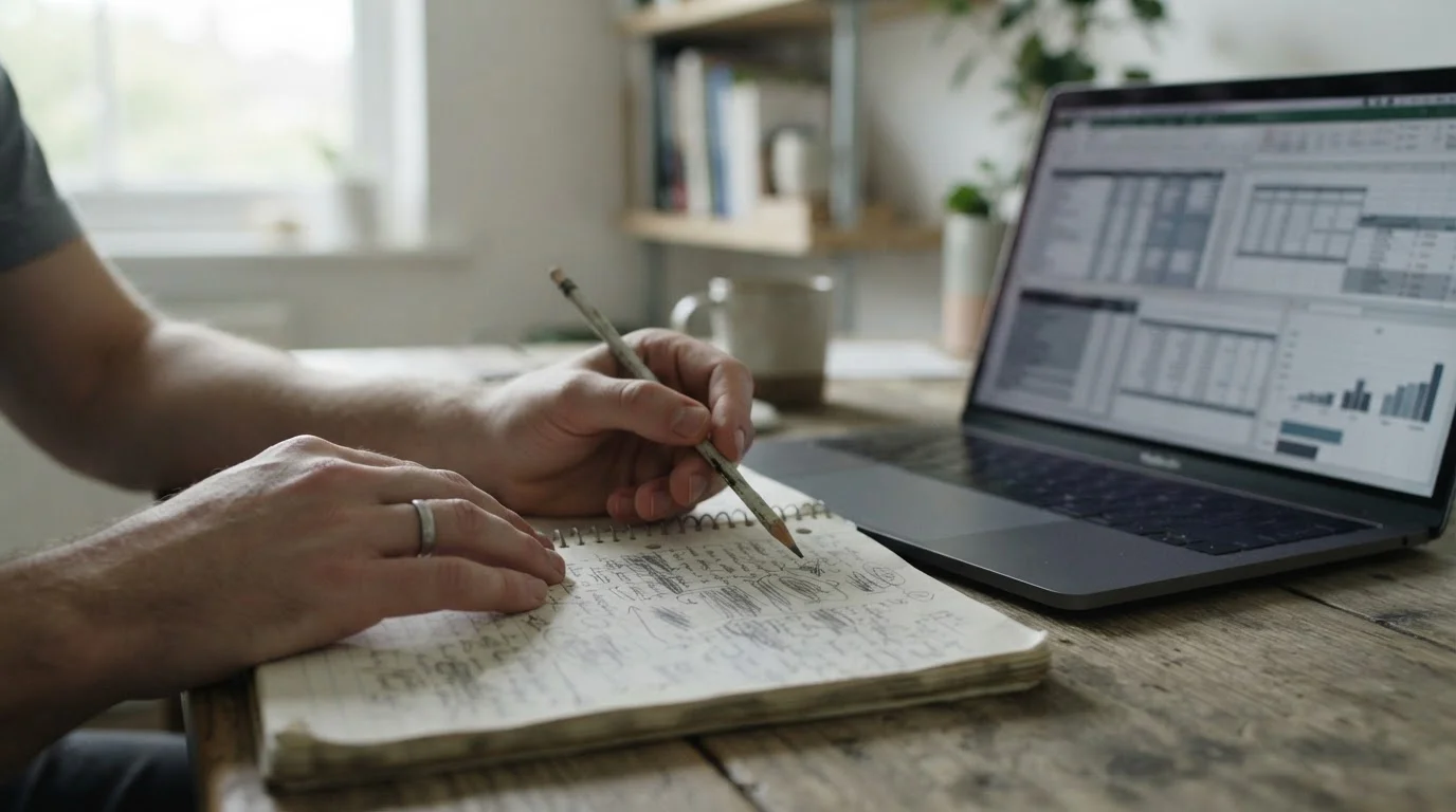 Apostante revisando notas en un cuaderno junto a un portátil con tablas neutras