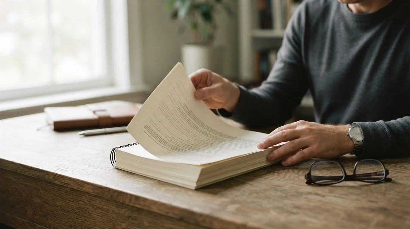Manos pasando las páginas de un contrato impreso junto a unas gafas de lectura
