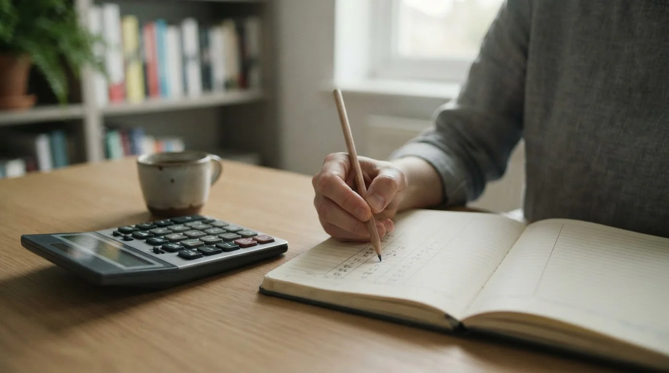 Mano que anota cálculos en un cuaderno junto a una calculadora