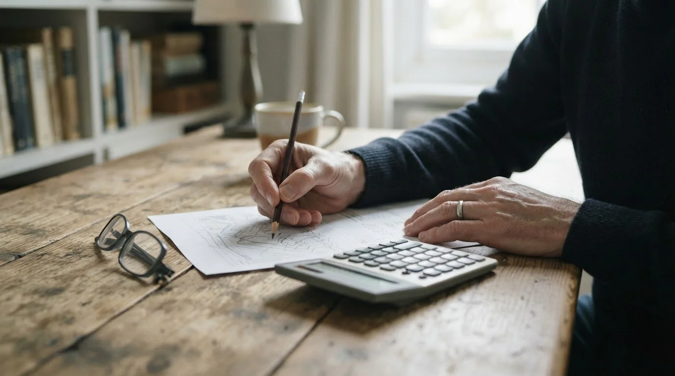 Manos con lápiz y calculadora revisando las condiciones de un bono