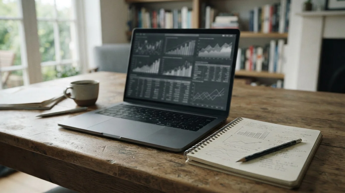 Portátil con gráficos y tablas de datos junto a un cuaderno de análisis
