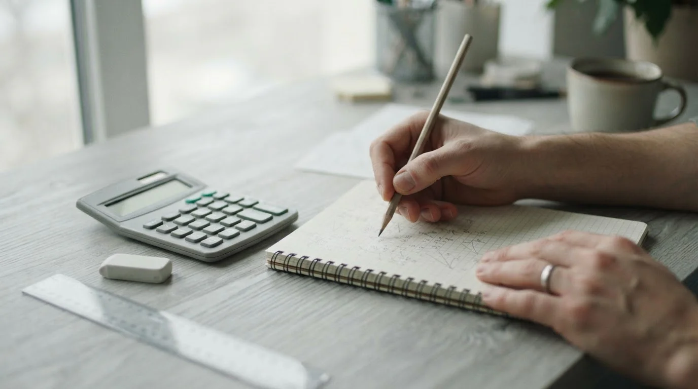 Manos con lápiz y calculadora junto a una libreta con operaciones a mano