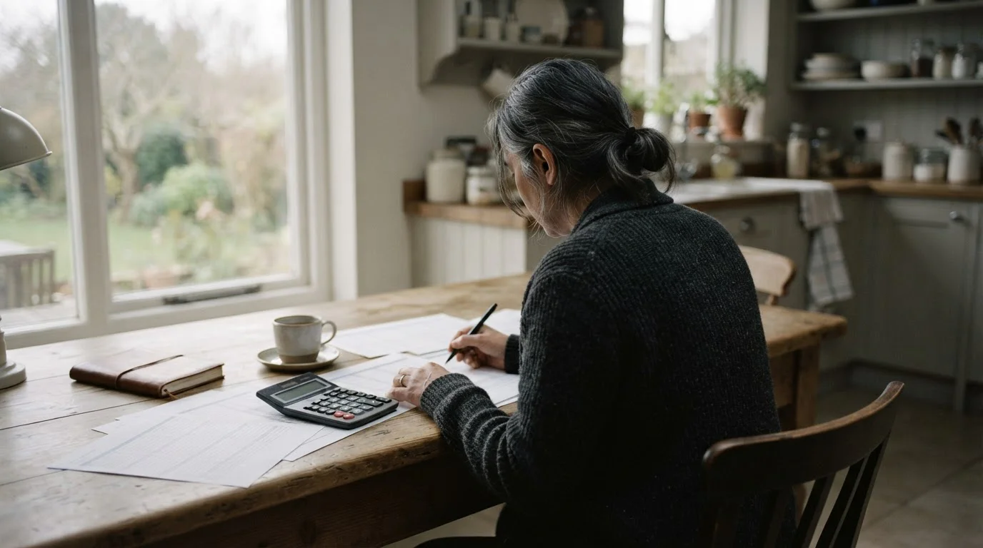 Persona revisando hojas de resumen anual junto a una calculadora