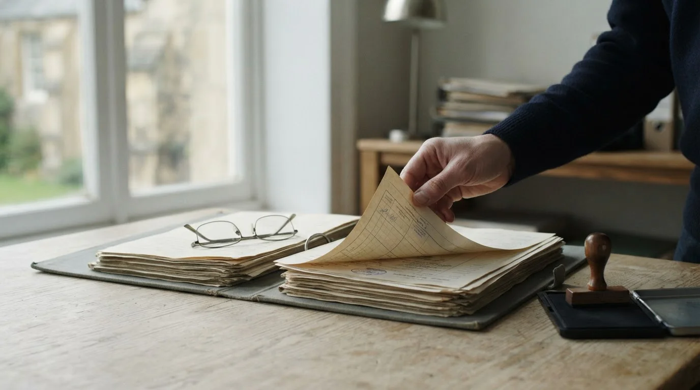 Carpeta de documentos oficiales, sello de goma y gafas sobre una mesa de oficina