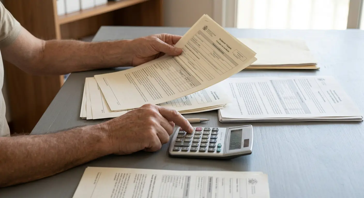 Documentos oficiales impresos y una calculadora sobre una mesa gris
