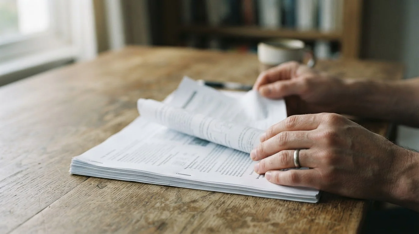 Manos revisando un documento normativo sobre una mesa de madera