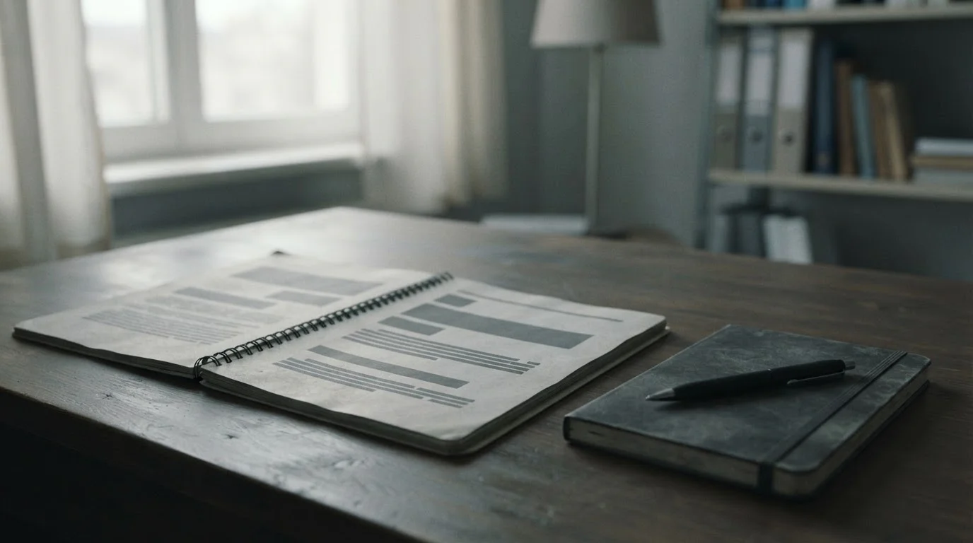 Documento normativo impreso sobre un escritorio junto a un cuaderno