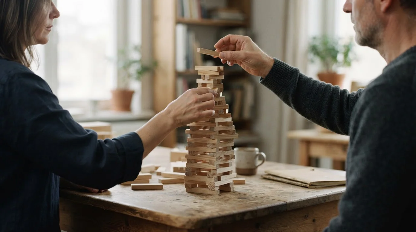 Manos apilando bloques de madera en una torre cada vez más inestable