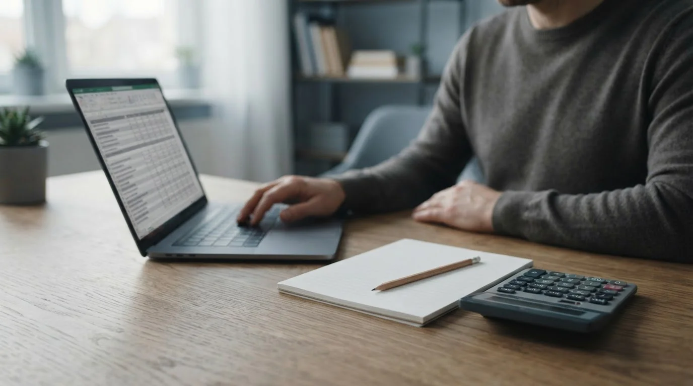 Calculadora, lápiz y libreta junto a un portátil con una tabla de datos