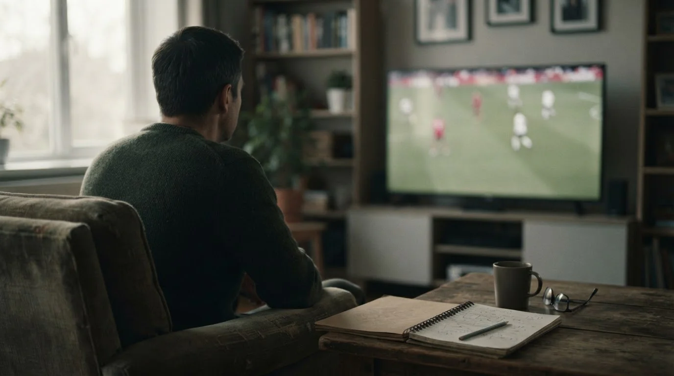 Persona de espaldas ante un partido de fútbol en televisión, con un cuaderno sobre la mesa
