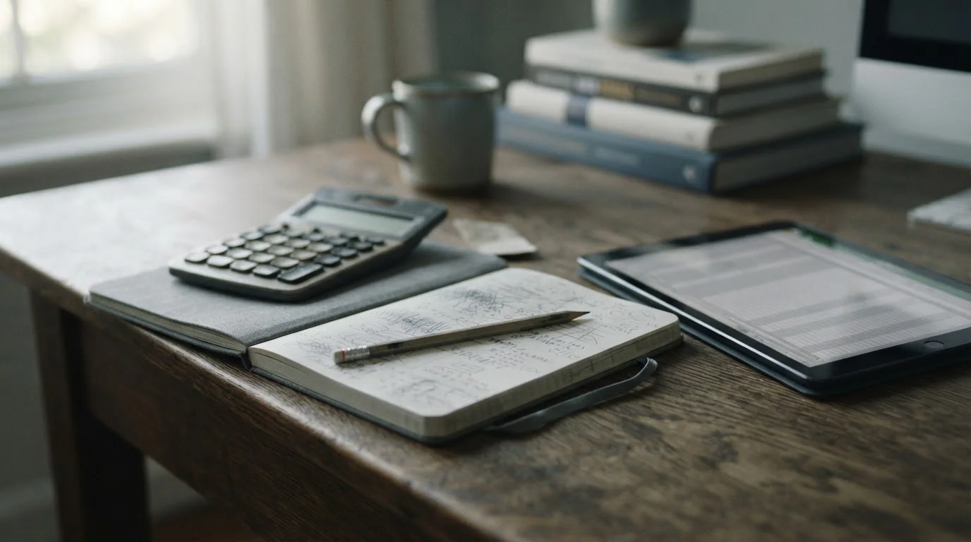 Calculadora, cuaderno y tablet sobre una mesa de trabajo