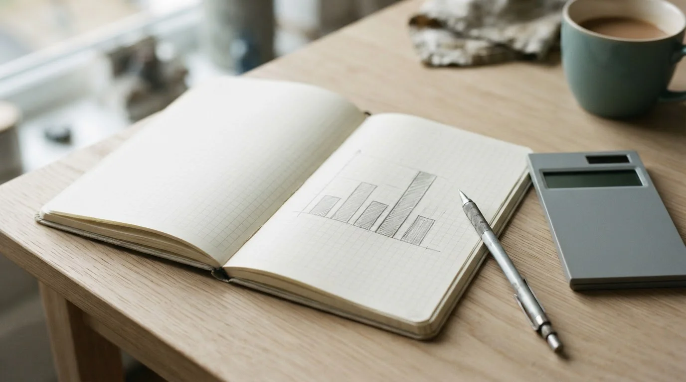 Cuaderno con diagramas de barras a lápiz y una calculadora sobre una mesa clara