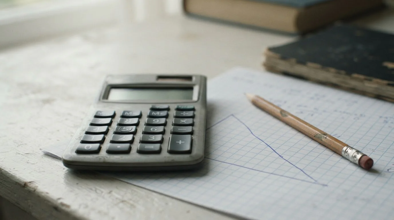 Calculadora, lápiz y papel milimetrado con una línea descendente