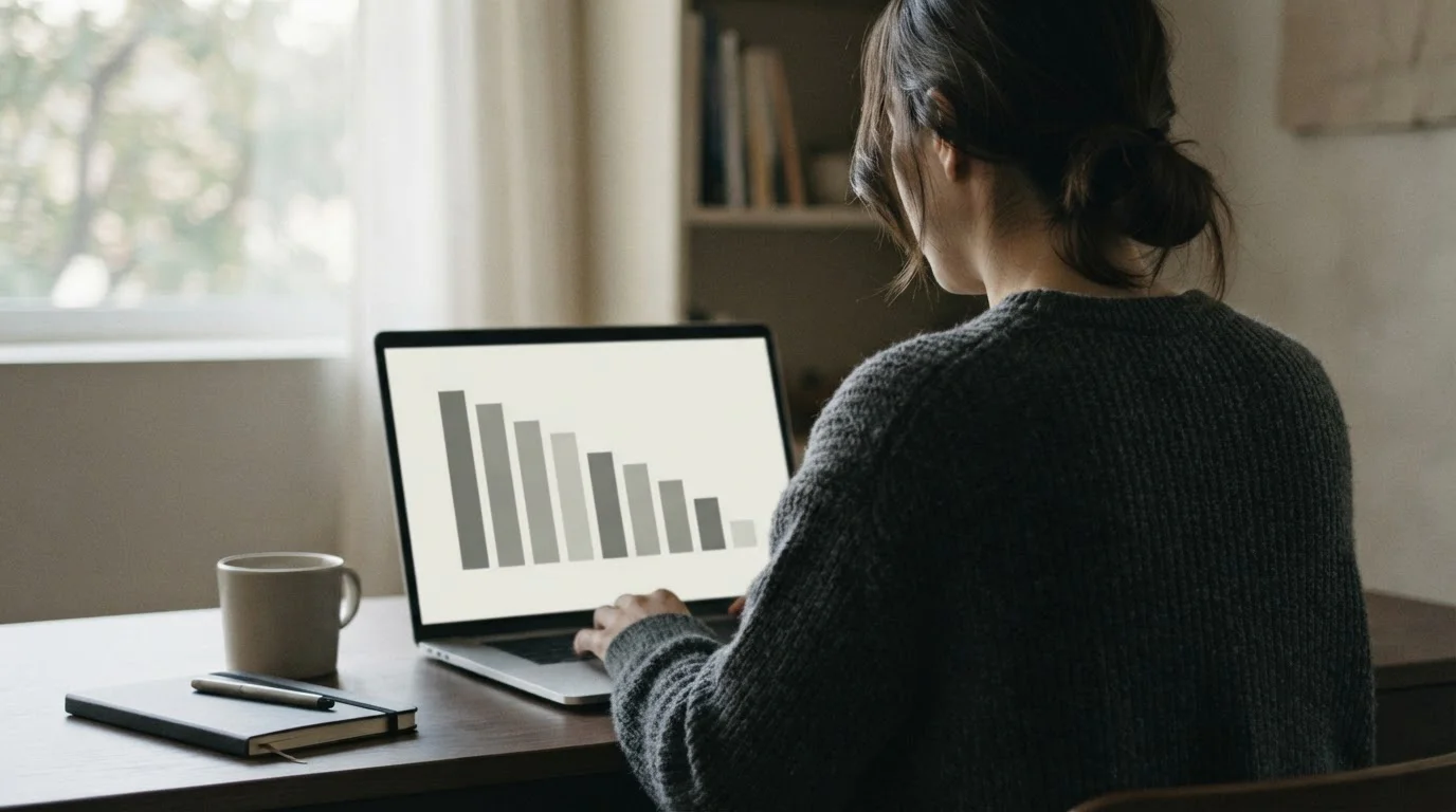 Apostante ante un portátil con un gráfico de barras decrecientes